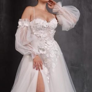Floral Lace A-Line Wedding Dress: Long Sleeves Princess Bridal Gown