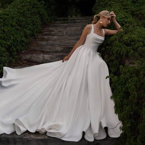 Satin A-Line Wedding Dress: Square Neckline, Modest Bridal Gown, Long Train, Ivory Color