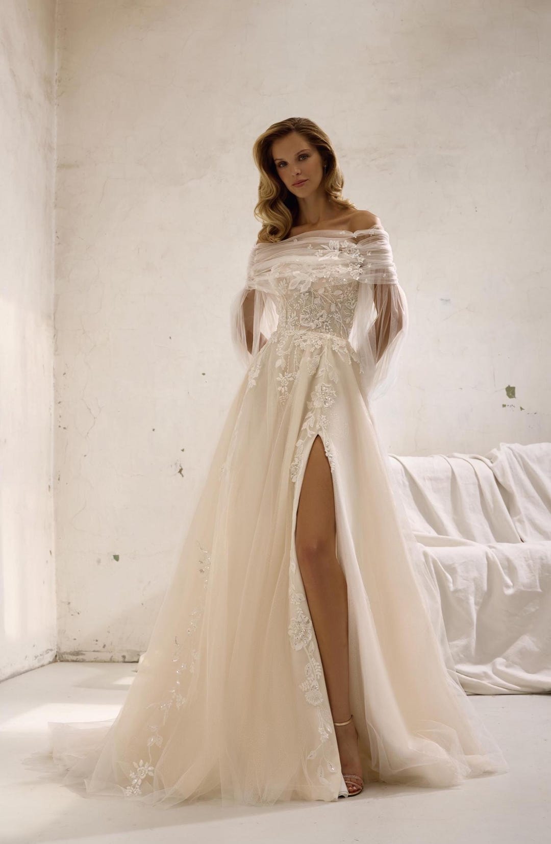 tulle a line wedding dresses Illusion Neckline Exquisite Champagne Lace Beaded A-line Wedding Dress –  SQOSA main image 1