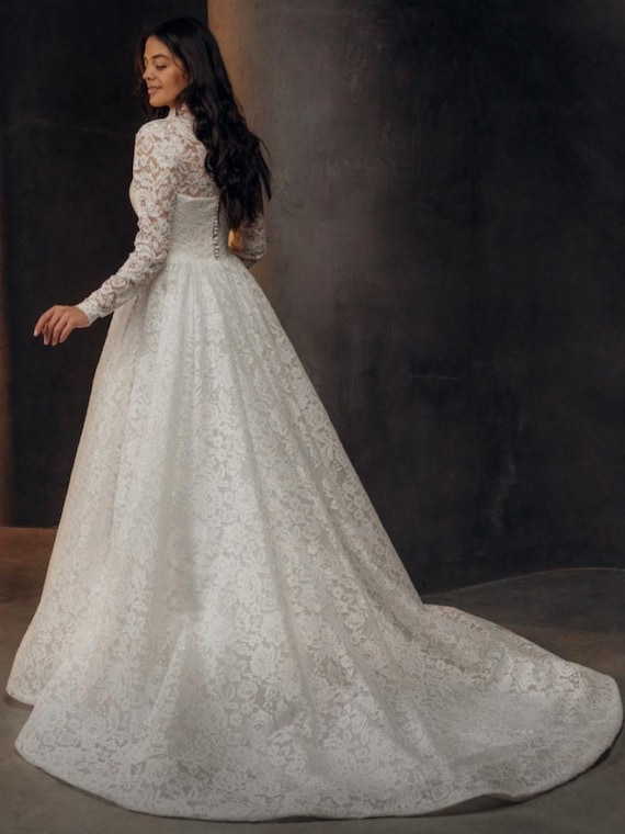 High-Neck Lace Wedding Dress - Long Sleeves, A-Line High-Neck Lace Wedding Dress - Long Sleeves, A-Line