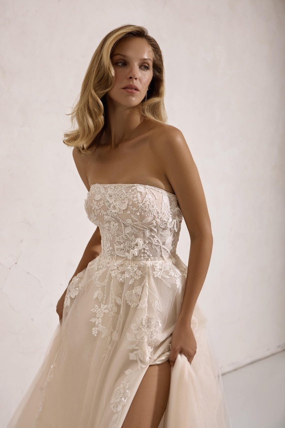 Champagne Bridal Gown, A-line Wedding Dress With Cape Sleeves - Etsy