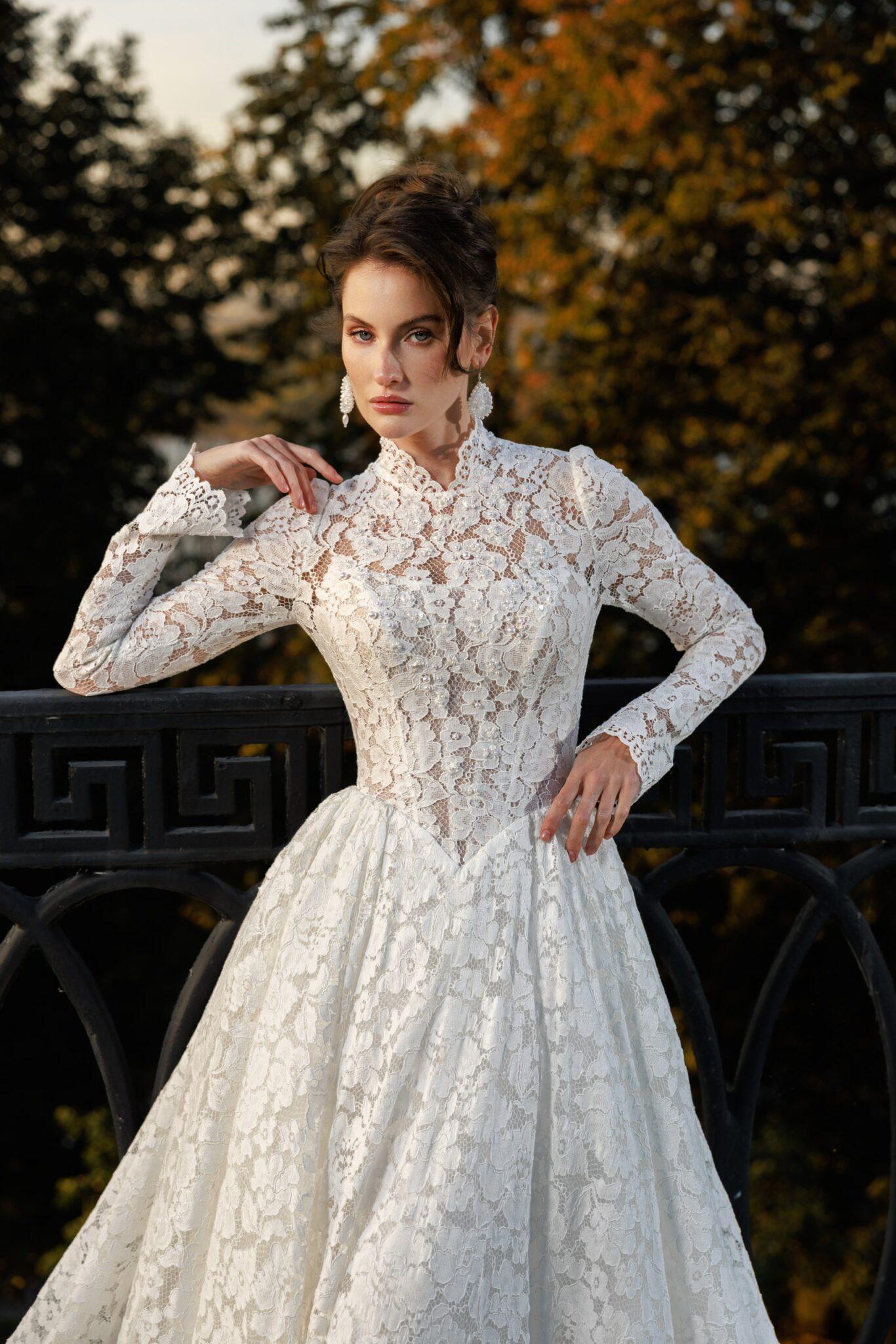 high neck lace wedding dress uk High neckline lace wedding dress with keyhole back