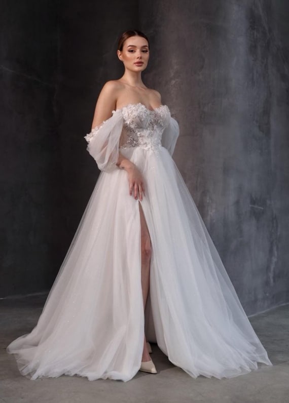 lace ballroom wedding dresses Lace-Panel Satin Corset Wedding Dress with Slit main image 1
