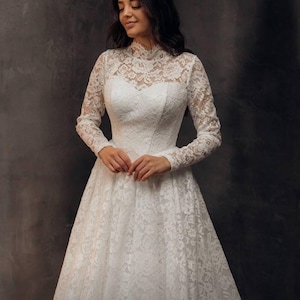 Long Sleeve Lace Wedding Dress: High Neck Boho Bridal Gown