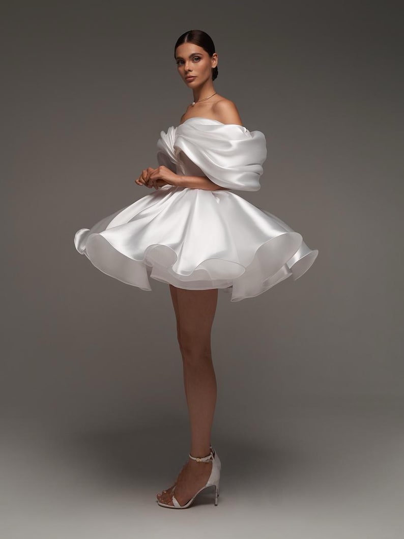 Stylish Short Wedding Dress and Mini Dress with Off-the-Shoulder Sleeves