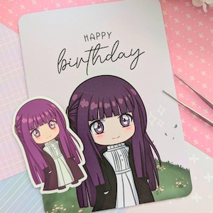 Carte d'anniversaire personnalisable de couleur fougère | Anime Frieren | Jolie carte de voeux chibi, cadeau anime pour amateur de manga | Champ de fleurs
