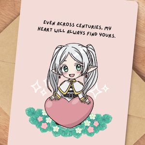 Frieren Love, anniversaire, anniversaire de mariage, carte personnalisée | Cadeau Chibi Anime, Amateur de Manga | Incluez un autocollant en vinyle pour le rendre encore plus spécial !