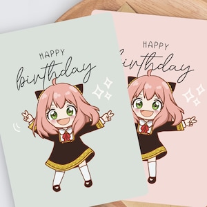 Carte d'anniversaire Anya | Carte de voeux mignonne de famille de l'espion X de Chibi | Anniversaire d'un amateur d'anime et de manga | Ajoutez un autocollant en vinyle pour en faire un cadeau spécial !