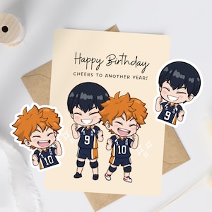 Haikyuu Birthday, Personalized Greeting Card | Matching Vinyl Stickers | Chibi Volleyball Hinata Kageyama | Sport Manga Anime Lover Gift