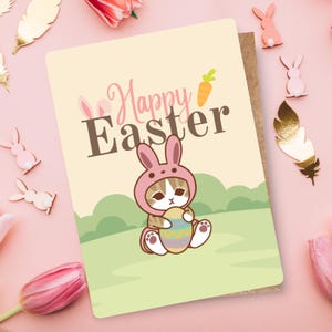 Carte heureuse de chat de Mofusand de lapin de Pâques | Personnalisez votre message | Papeterie mignonne de célébration de salutation | Pour tout achat de 3 articles, bénéficiez de 25 % de réduction !