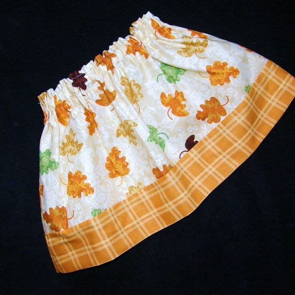 Autumn brown, mustard yellow, and pine green Fall leaves skirt with plaid fabric border for baby and girls in sizes NB 3m 6m 9m 12m 18m 24m 2T 3T 4T 5T 6 7 8 10 12 14