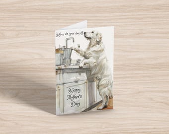 Tarjeta del Día de la Madre con un Golden Retriever: Perro gracioso en la cocina (12,7 x 18,8 cm)