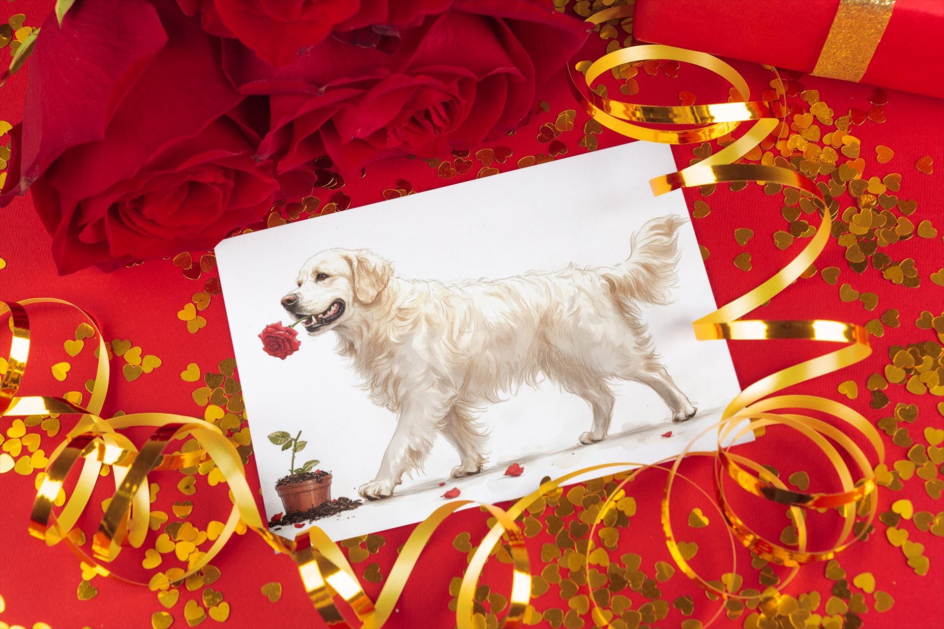 Biglietto San Valentino Con Golden Retriever – Per Amanti Dei Cani, Con Busta Rossa