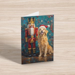 Carte de Noël Nelson le Golden Retriever avec un casse-noisette et des cadeaux - Carte 5 x 7 - 350 g/m2