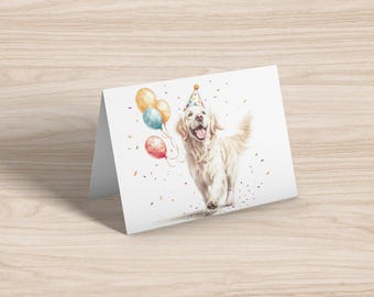 Golden Retriever Birthday Card with Balloons and Party Hat - 5x7 Card