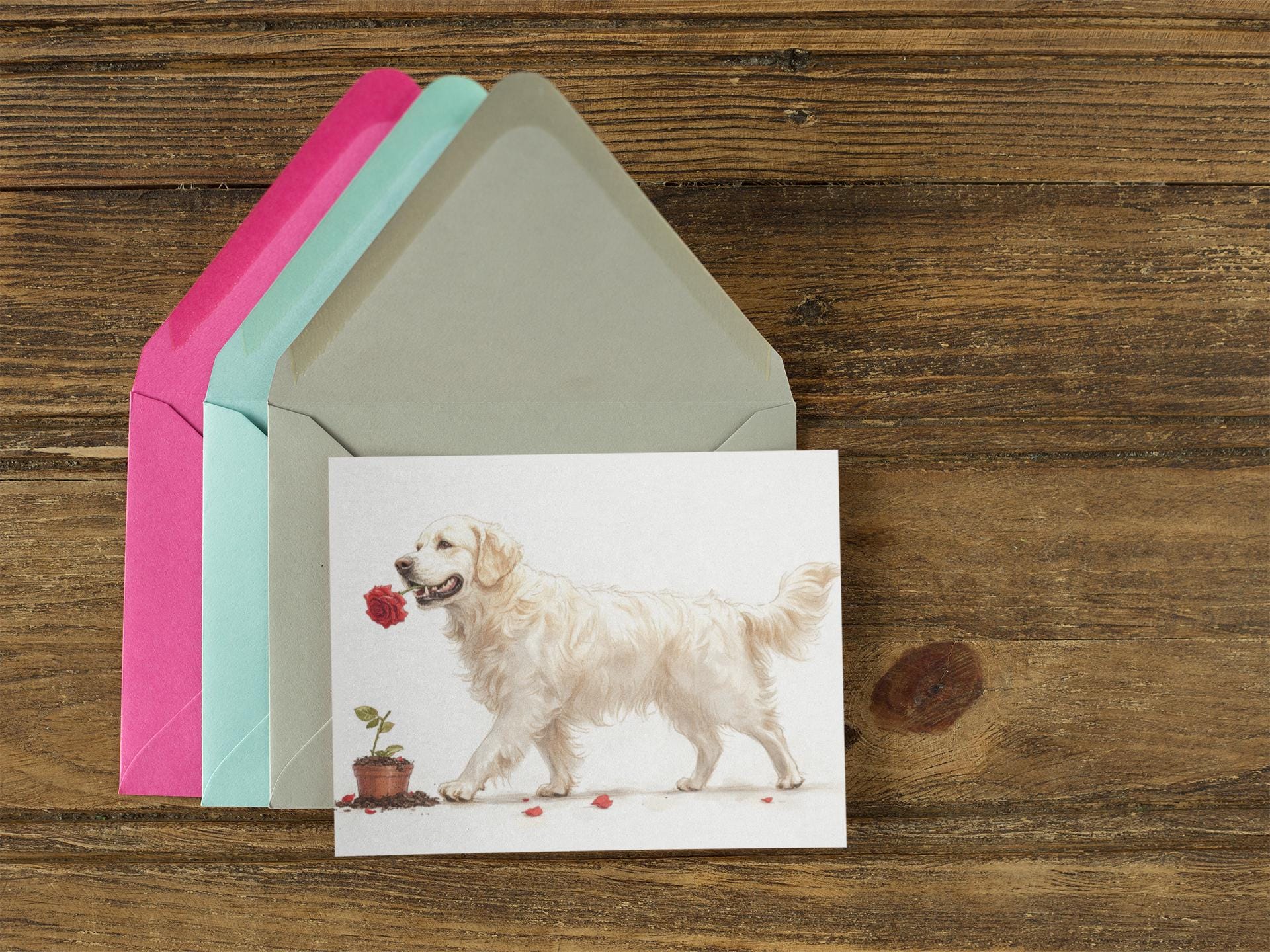 Biglietto San Valentino Con Golden Retriever – Per Amanti Dei Cani, Con Busta Rossa