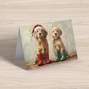 Nelson the Golden Retriever Dog met zijn vriend in Christmas Wellies Kerstkaart - 7 x 5 kaart - 350 g/m²