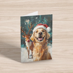 Tarjeta navideña de Nelson, el perro Golden Retriever, con Rudolph (tarjeta de 5 x 7) (350 g/m²)