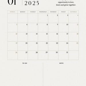 May include: A printable January 2025 calendar with a quote about love, learning, and growth. The calendar has a simple design with a white background and black text. The days of the week are listed across the top, and the numbers 1 through 31 are listed in the grid below.