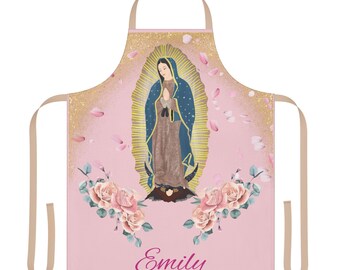 Custom Virgin of Guadalupe Apron: Pink Roses Catholic Kitchen Wear