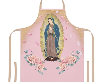 Virgin of Guadalupe Apron: Pink Roses, Religious Catholic Kitchen Wear