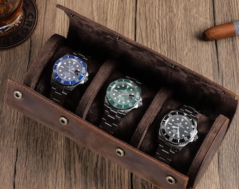 Handmade Leather Watch Box, Personalized Leather Watch Roll Case, Travel Watch Organizer Box, Custom Name Gift, Gift For Him
