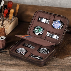 Handgemaakte horlogekast met 4 sleuven, aangepaste leren horlogedoos, opbergdoos voor leren horloge voor reizen, opbergdoos horloge, reisaccessoires cadeau
