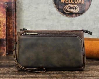 Travel Leather Clutch Tech Bag, Men Cable Charger Organizer Bag