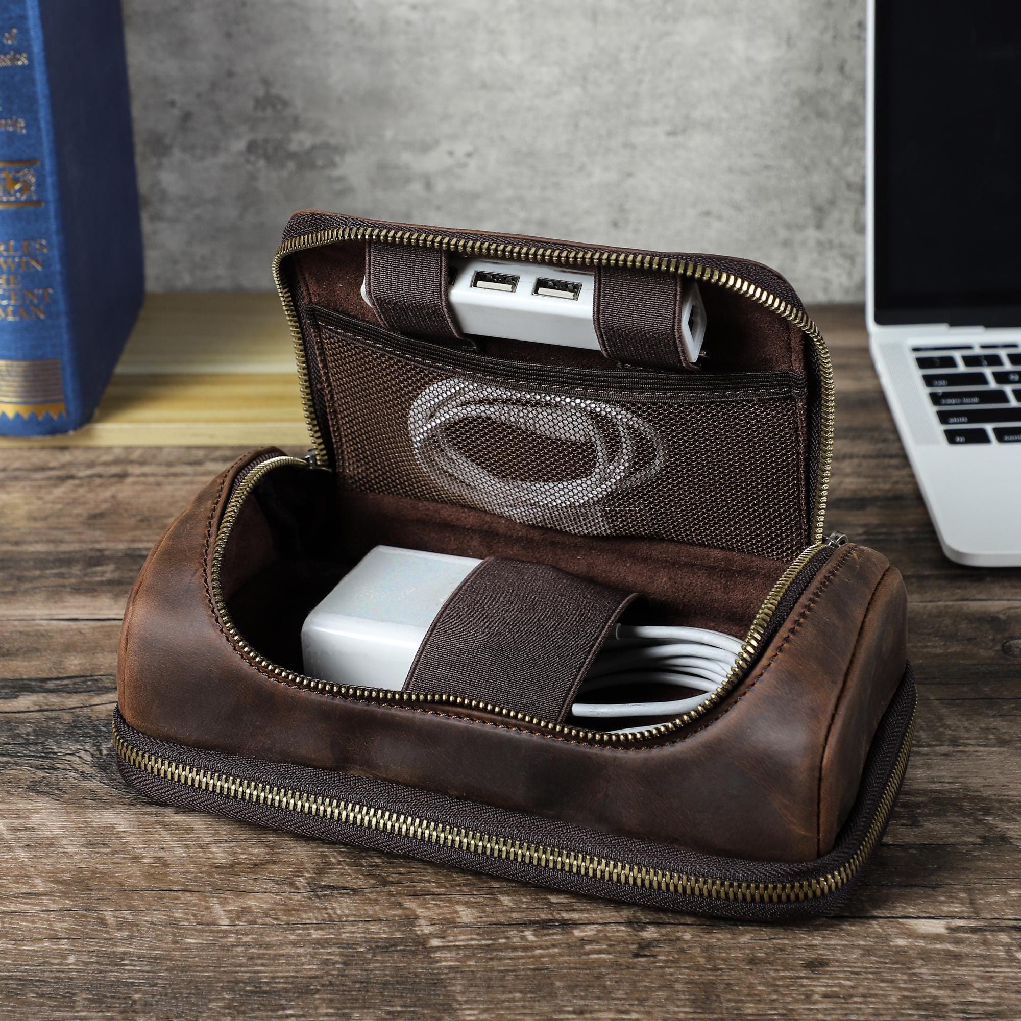 Personalized Leather Travel Tech Organizer Bag, Travel Electronics Accessories Bag, Cable and Charger Pouch Bag