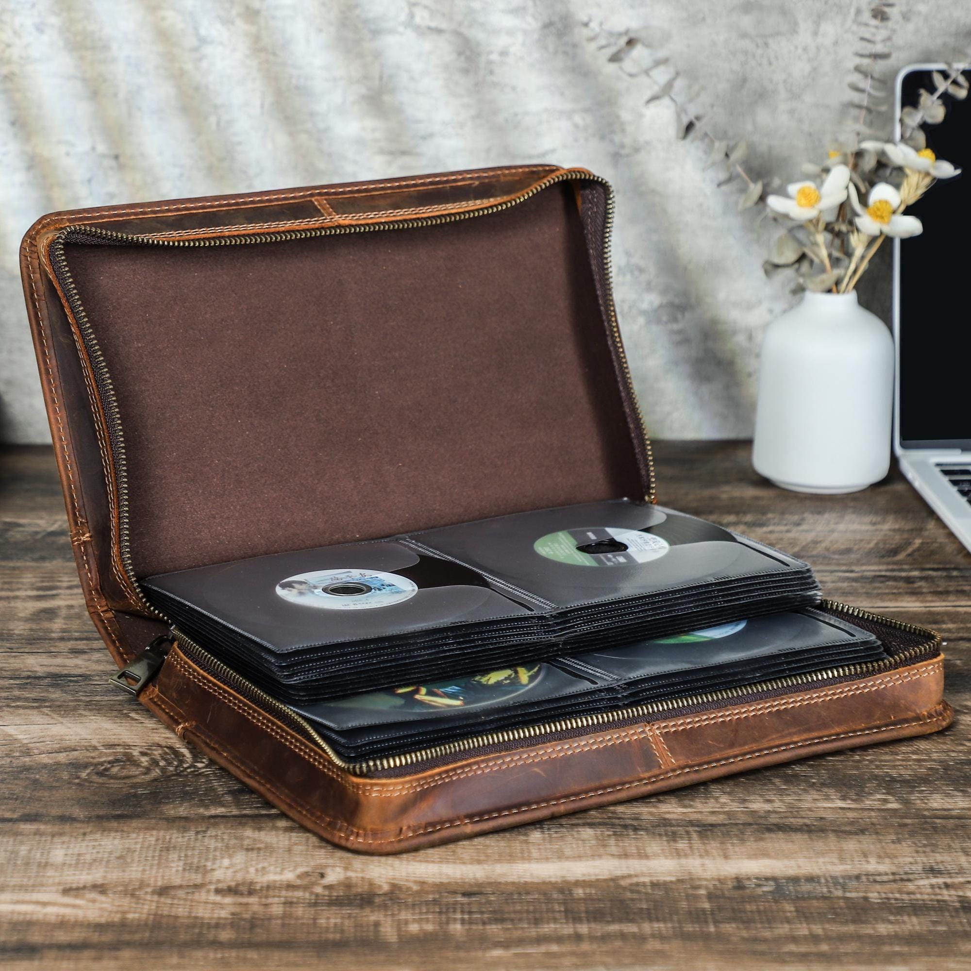 Custom Leather CD DVD Storage Case, 80 Pcs Discs Organizer Box, CD