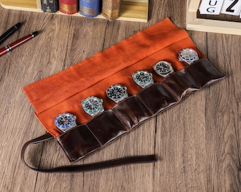 Custom Leather Watch Roll Case, Travel Watch Roll Organizer, 6 slots Watch Storage Box, Watch Box Gift, Gift for Father