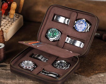 Handmade 4 slots Watch Case, Custom Leather Watch Box, Travel Leather Watch Storage Box, Watch Organizer Case, Travel Accessories Gift
