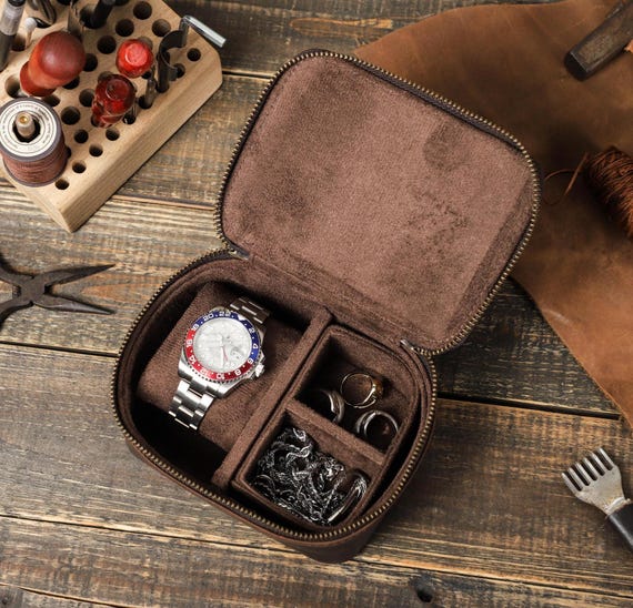 Personalized Leather Jewelry Organizer, Travel Watch Case, Leather Watch Holder, Travel Ring Necklace Earring Holder, Gift for Men