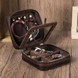 Personalized Travel Leather Jewelry Box, Genuine Leather Jewelry Case with Mirror, Jewelry Accessories Organizer, Bridesmaid Gifts