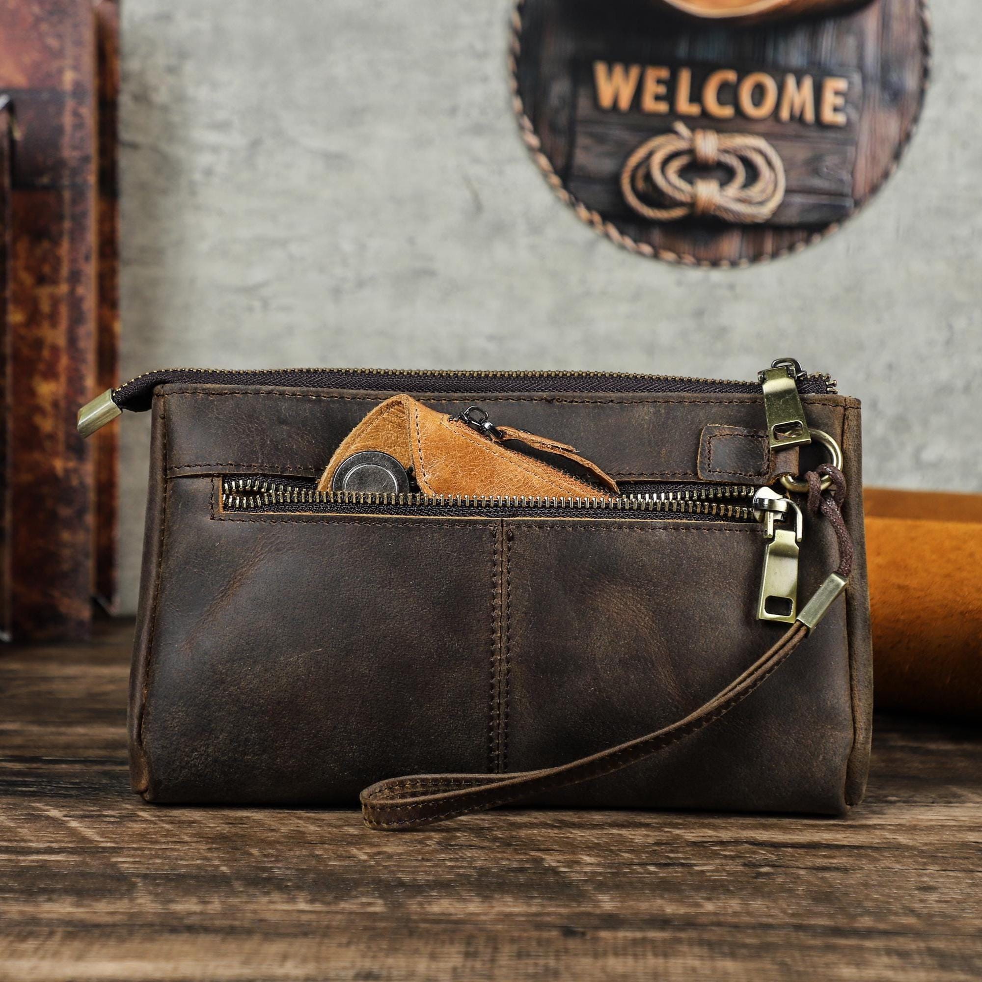 Travel Leather Clutch Tech Bag, Men Cable Charger Organizer Bag