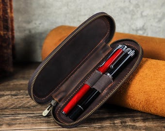 Handmade Leather Fountain Pen Pouch, Leather Zipper Pen Case, 2 Slots Travel Pen Organizer Protector, Personalized Gifts for Him Her Wedding