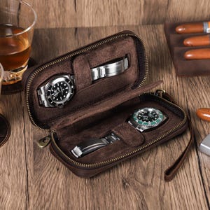 Handgemaakte leren horlogekast, organisator horloge heren, 2 sleuven horloge reisetui, handvat horlogehouder, op maat gemaakt herencadeau