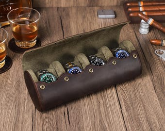 Personalized Leather Watch Case, 4 Watches Watch Roll, Groom Gift, Watch Organizer Box, Leather Watch Roll Box, Christmas Gift