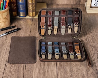 Leather Watch Bands Box, 12 slots Watch Strap Case, Personalized Leather Watch Straps Organizer, Vintage Men Jewelry Stoage Box, Men Gift