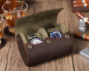 2 Slots Leather Watch Case, Travel Watch Roll Box, Watch Storage Organizer, Gift for Dad, Grooms Gift