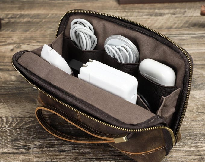 Personalized Leather Travel Tech Organizer Bag, Travel Electronics Accessories Bag, Cable and Charger Pouch Bag, Father Day Gift