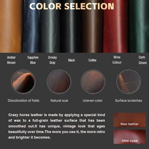 May include: Color selection chart for leather with different shades of brown, blue, gray, black, coffee, wine, and green. The chart shows the natural aging process of leather with examples of discoloration of folds, natural scar, uneven color, and surface scratches.