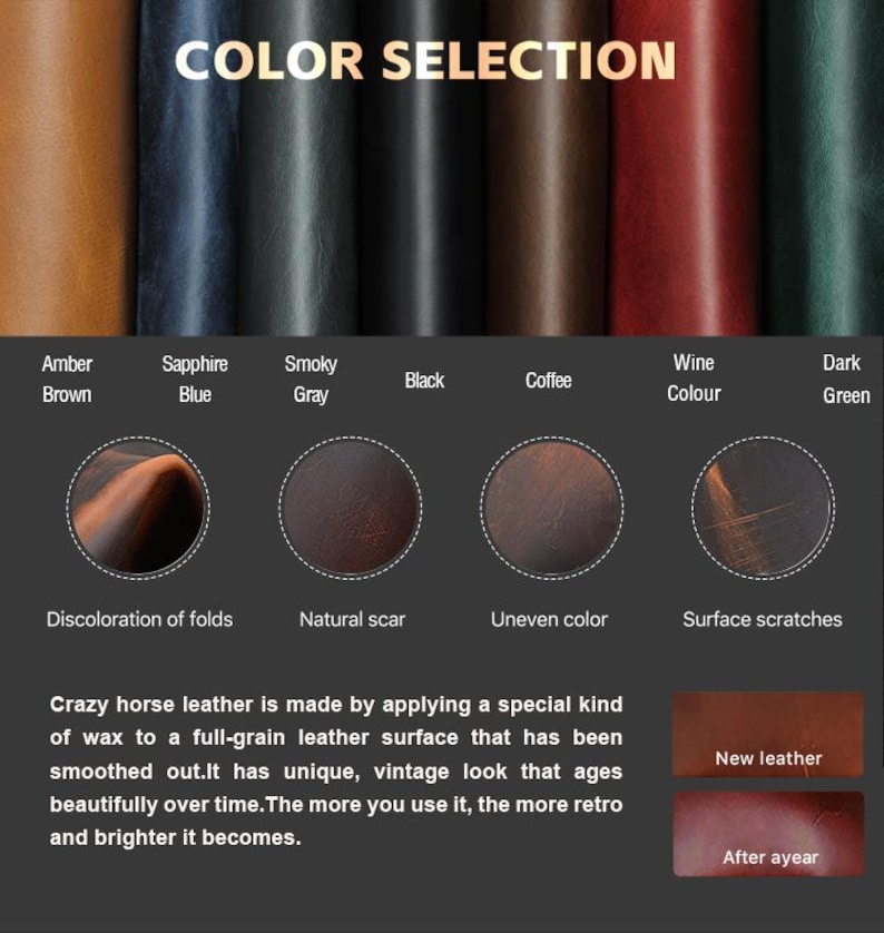 May include: Color selection chart for leather with different shades of brown, blue, gray, black, coffee, wine, and green. The chart shows the natural aging process of leather with examples of discoloration of folds, natural scar, uneven color, and surface scratches.