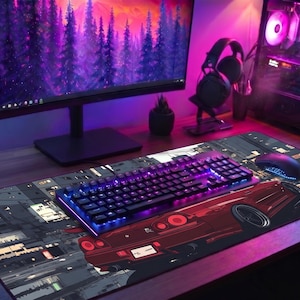 May include: A gaming setup featuring a desktop computer, monitor, keyboard, and mouse. The keyboard and computer components are illuminated with purple and blue lights. A large mousepad with a car graphic is visible.