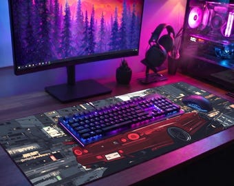 May include: A gaming setup featuring a desktop computer, monitor, keyboard, and mouse. The keyboard and computer components are illuminated with purple and blue lights. A large mousepad with a car graphic is visible.
