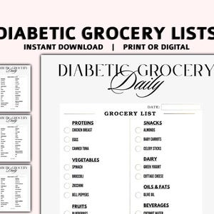 Alimentari per diabetici, Elenco della spesa per diabetici, Tabella dei pasti per diabetici, Dieta per diabetici, Piano alimentare prediabetico, Poster di alimenti per diabetici, Elenco PDF per diabetici