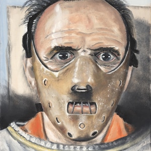 May include: Oil painting portrait of a man wearing a brown metal mask with multiple holes and a mouth guard. The man has gray hair and is wearing a white shirt with an orange collar. The background is a light blue and gray.