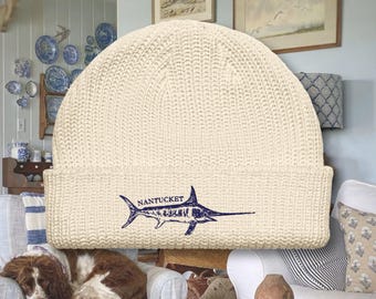 Embroidery Vintage Fisherman Knit Beanie, Fishing Hat, Sardines Shirt, Cape Cod, Nantucket, Summer Hat, Beach Hat, Coastal Style, Boat Hat