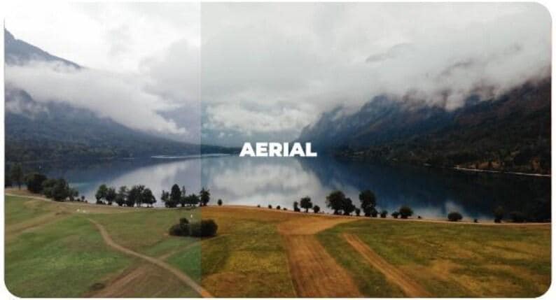 May include: An aerial view of a lake surrounded by mountains and fields. The word "AERIAL" is displayed in white text across the image. The sky is overcast with clouds, and the water reflects the landscape.