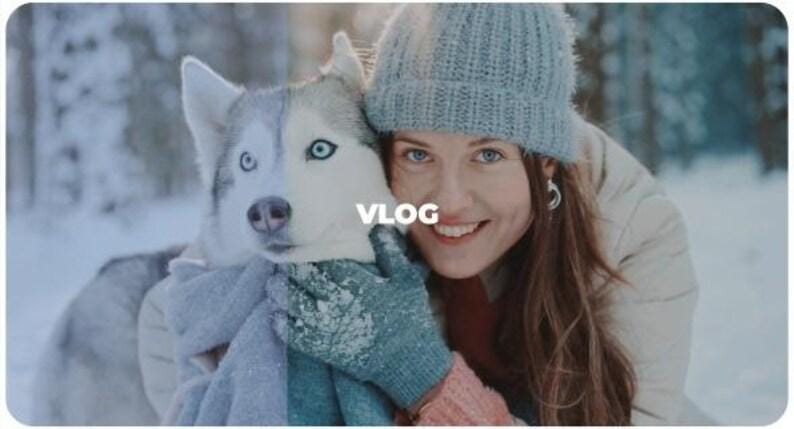 May include: A woman and a husky dog are embracing in a snowy outdoor setting. The woman wears a blue knit cap, a white jacket, and mittens. The dog has striking blue eyes. The word "VLOG" is superimposed on the image.